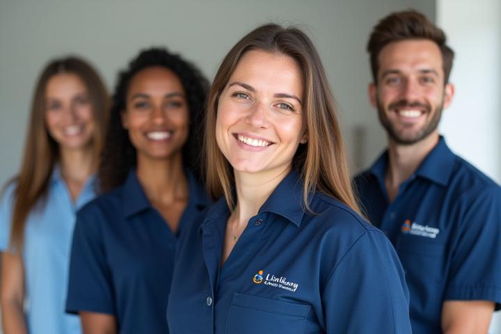 Liviu Cleaning Ltd team or founder, professional and friendly, dressed in uniform, smiling