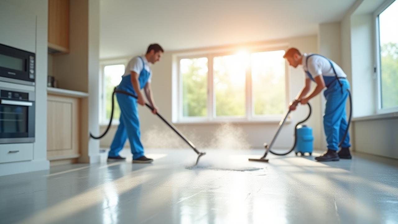 Professional Liviu Cleaning Ltd team cleaning a newly renovated kitchen, still dusty but visibly being transformed into a clean space.