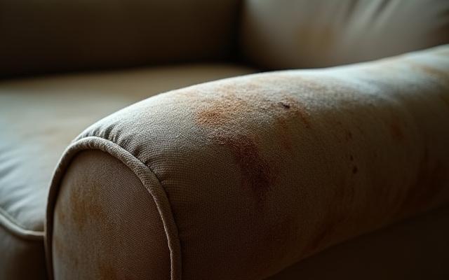 A close-up of a dirty, discolored fabric armchair armrest before cleaning.