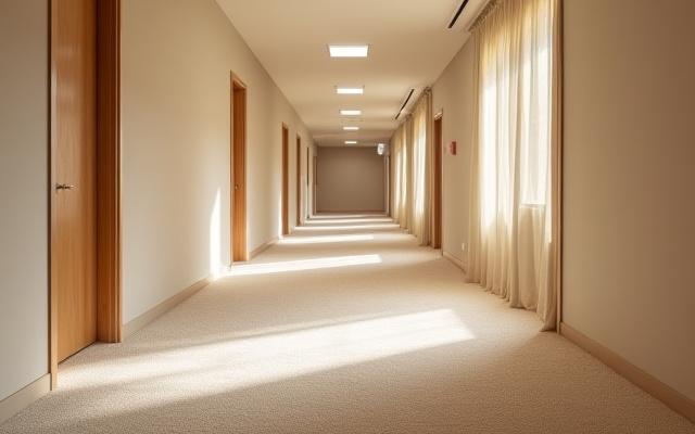 The same hallway carpet after deep cleaning, appearing much brighter and cleaner.
