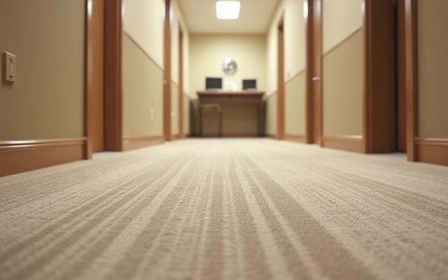 A highly trafficked hallway carpet showing significant dirt and discoloration before cleaning.