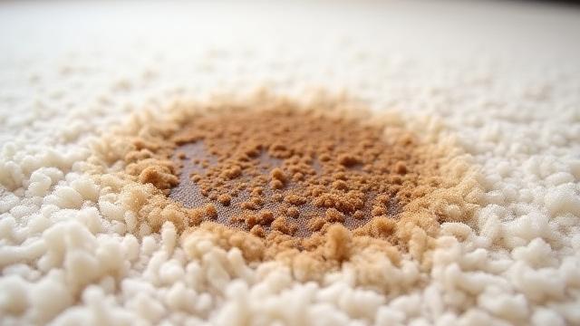 A stained, worn carpet section before professional cleaning.
