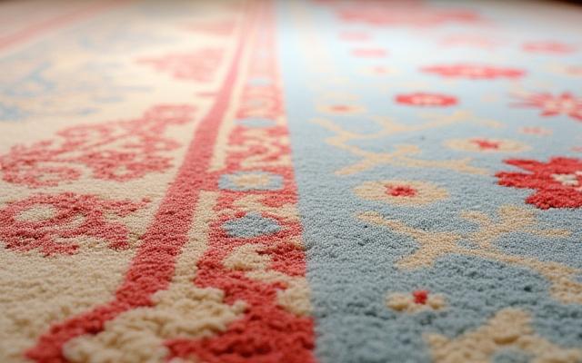 The same half-cleaned rug, with the 'after' side appearing vibrant and clean.