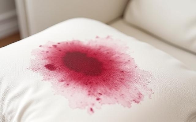 A clear, visible wine stain on a light-colored sofa fabric before cleaning.