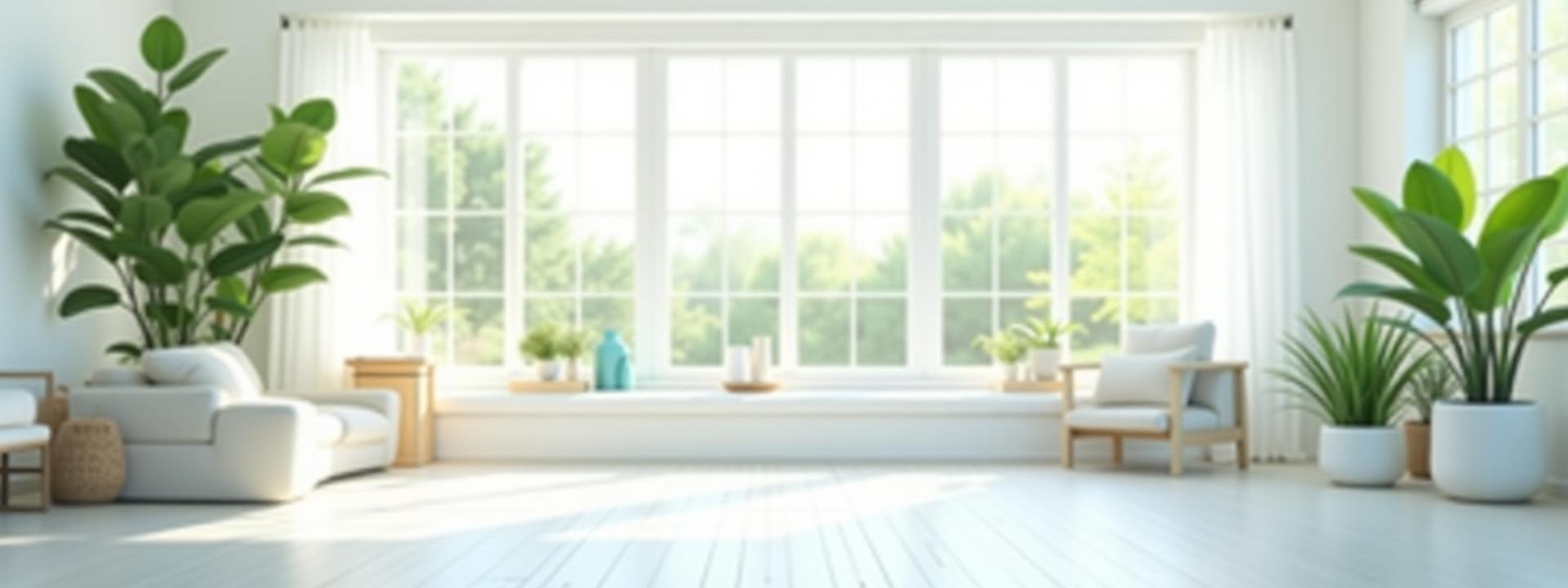 Bright, clean room with green plants, symbolizing eco-friendly cleaning, ample natural light streaming in.