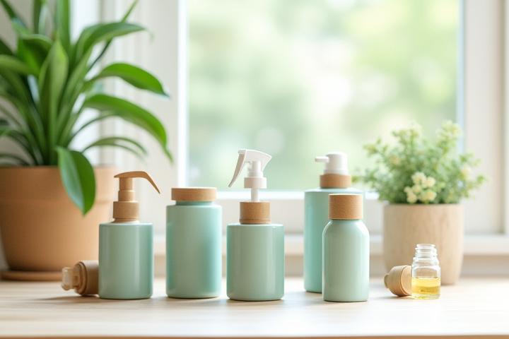 Variety of eco-friendly cleaning products on a wooden surface with green plants in the background, bright and natural light