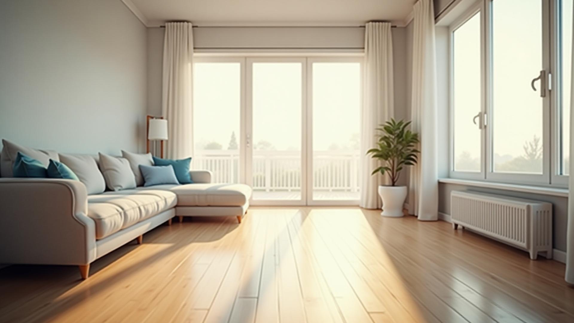 Professionally cleaned modern living room with bright natural light, showcasing impeccable tidiness and fresh air