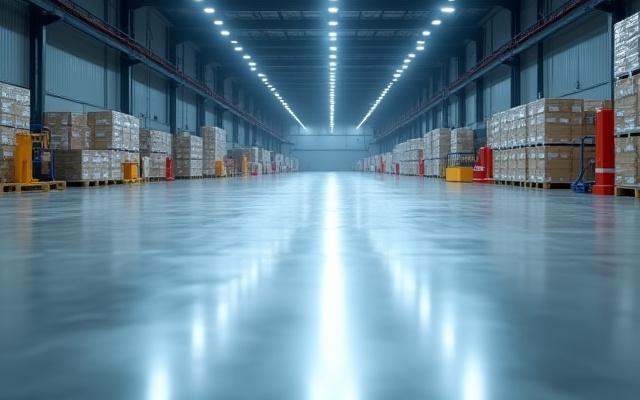 Spacious, brightly lit industrial warehouse aisle after professional cleaning, with gleaming floor