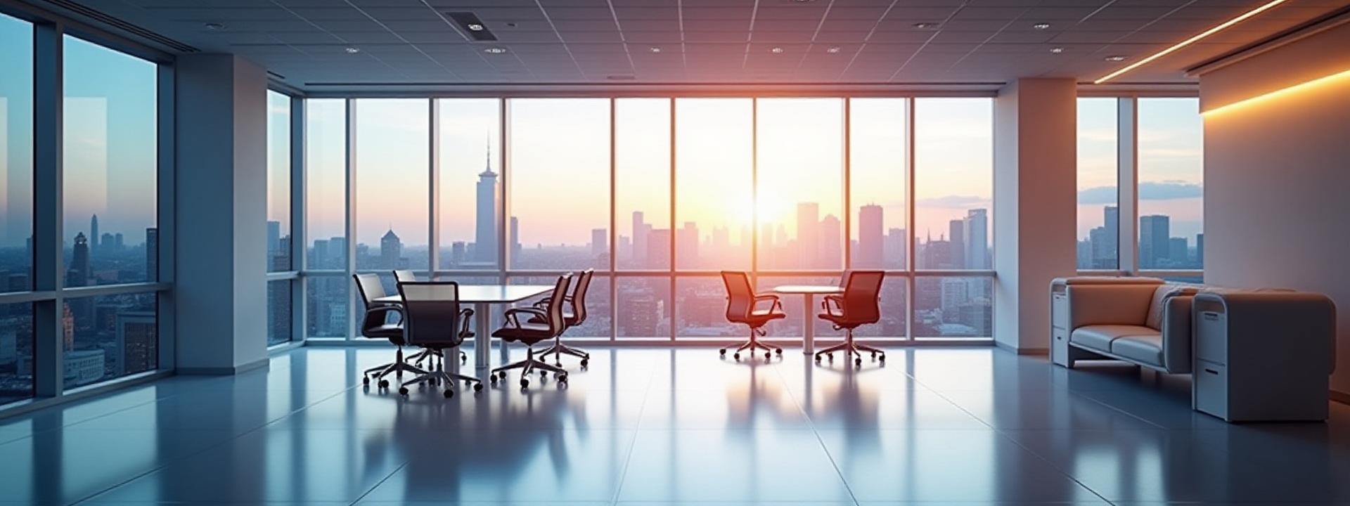 Modern, pristine office space at dusk with city lights visible outside a large window, conveying cleanliness and professionalism