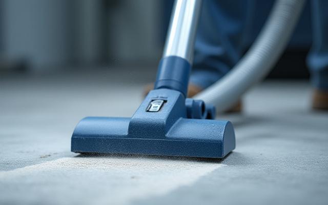 A close-up of a powerful industrial HEPA vacuum cleaning dust from a factory floor