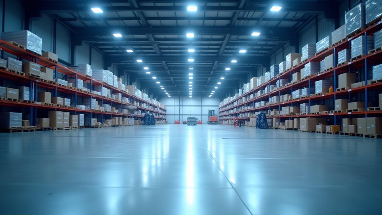Wide-angle shot of a very clean, well-organized warehouse floor with modern shelving and minimal dust