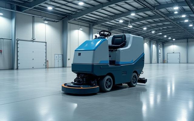 A large, modern ride-on floor scrubber being operated in a clean industrial warehouse