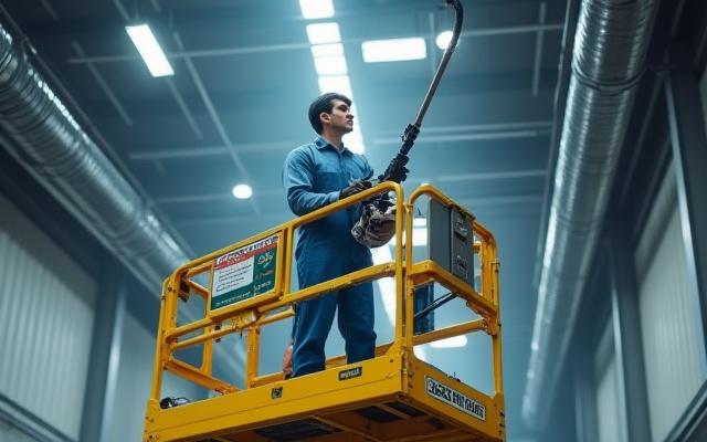 A cleaning technician using a scissor lift to clean high beams and ductwork in a warehouse